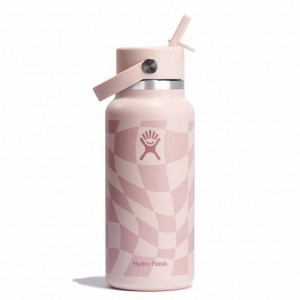 Checkered Ecru Hydro Flask 32 oz Wide Mouth with Flex Straw Cap | HUTMRVS-26