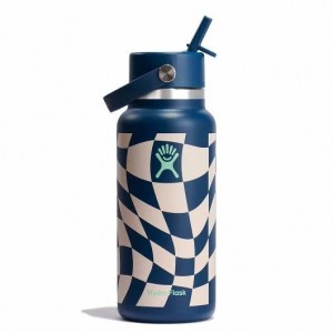 Checkered Indigo Hydro Flask 32 oz Wide Mouth with Flex Straw Cap | MGKXVUQ-89