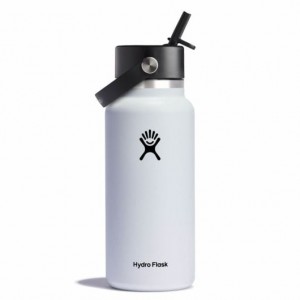 White Hydro Flask 32 oz Wide Mouth with Flex Straw Cap | UCQKFDA-60