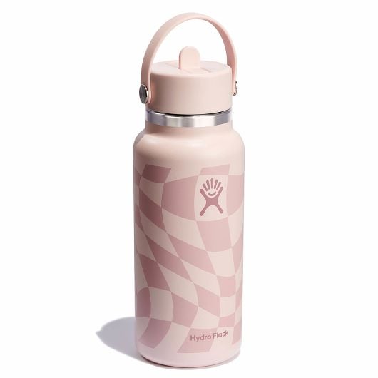 Checkered Ecru Hydro Flask 32 oz Wide Mouth with Flex Straw Cap | HUTMRVS-26